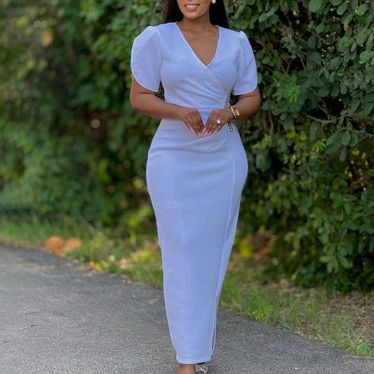 Maxy Elegant Dresses Woman Wedding Party Luxury Plus Size V Neck Short Sleeve Sheath Solid Ankle Length Fashion dress