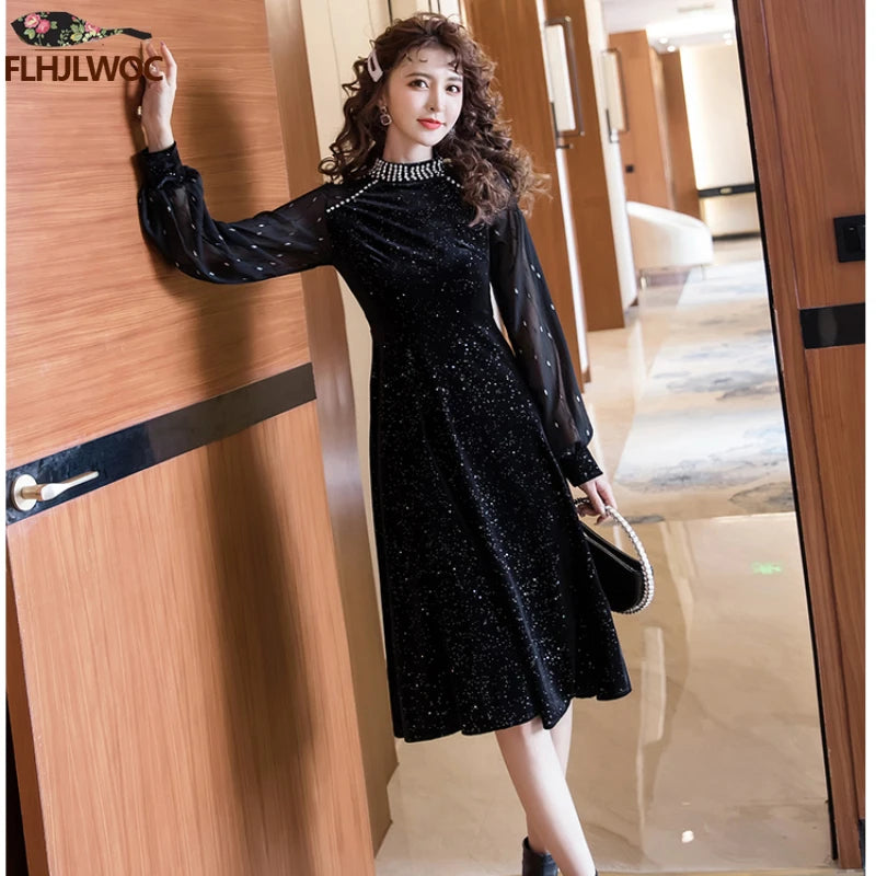 Maxy New Year Retro Vintage French Design Dresses Women Bead Bling Evening Party Elegant Annual Meeting Slim Black Velvet Dress Long