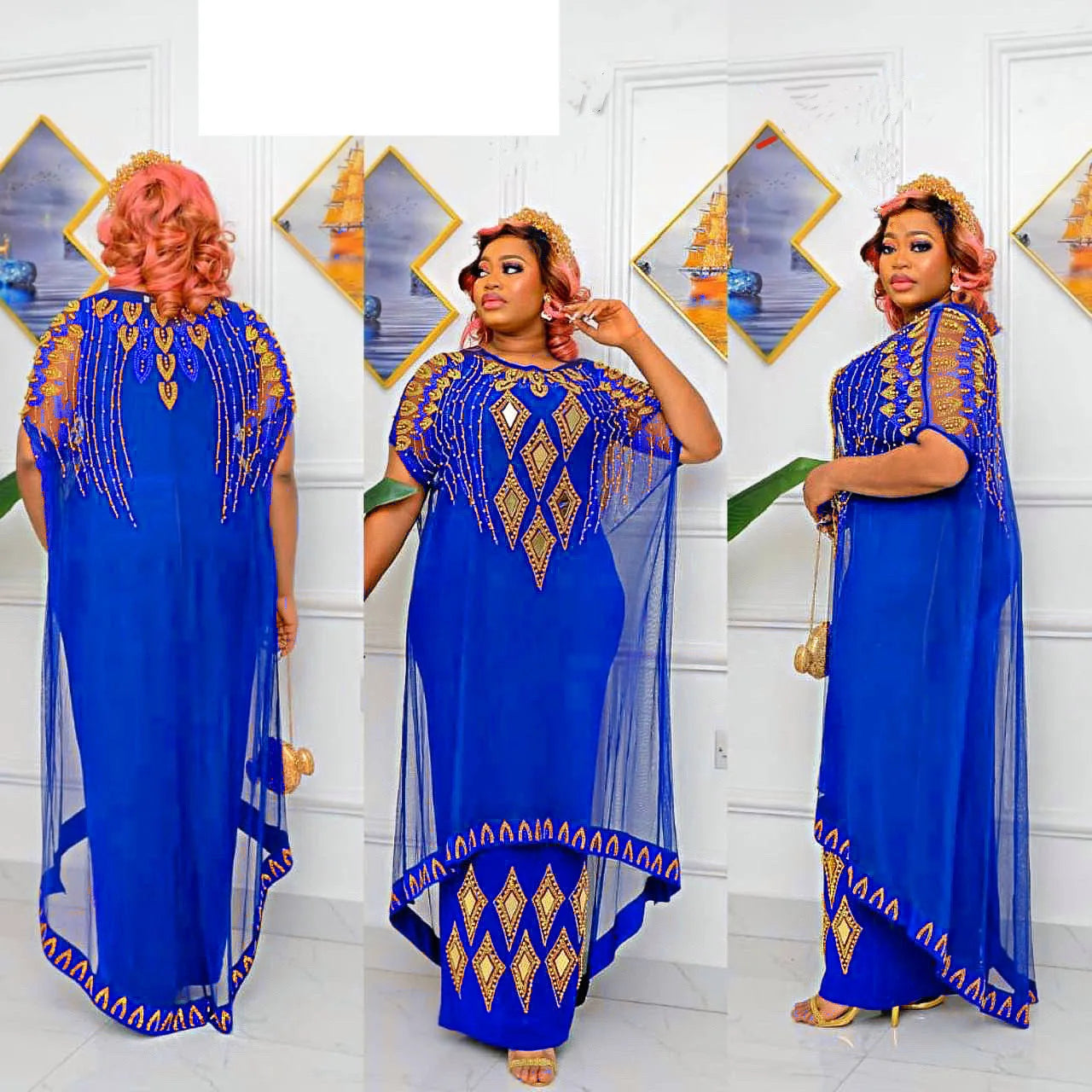 Maxy Two-Piece African Dresses for Women Traditional Nigeria Mesh Hot Drill Caftan Dress Abaya Musulman Robe Femme Clothes