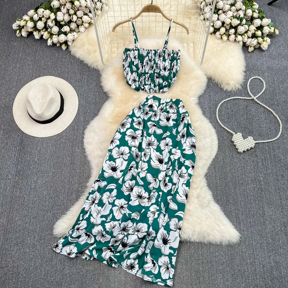 Maxy Summer Floral Print Two Pieces Set Women Fashion Elegant Casual Fold Sleeveless Tops And Long Skirt Sexy Slim 2 Piece Sets