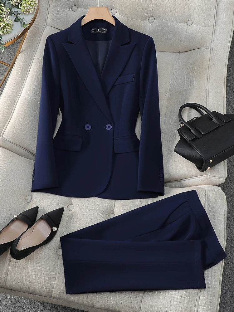 Maxy Blue Gray Black Solid  Women Pant Suit Office Ladies Female Business Work Wear 2 Piece Set Formal Blazer Jacket And Trouser