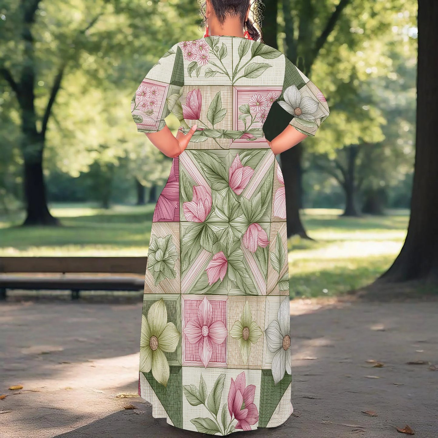 Maxy Plus Size Long Sleeve Floral Patchwork Maxy Dress V-Neck Elegant Artistic Design