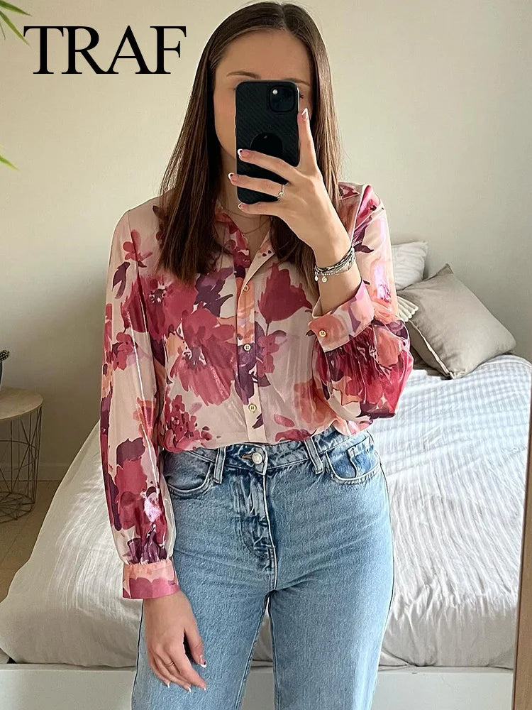 Maxy Spring Women Pink Print Short Sleeve Casual Blouses Women Button up Shirt+ A-Line Pleated Skirt Set For Beach Style