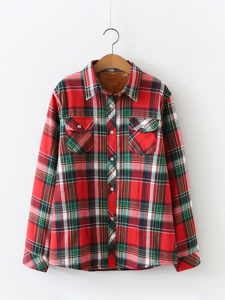 Maxy Women Plus Velvet Thicken Plaid Shirts Winter Warm Coat Jacket Brand Woman Clothes Fleece Tops Female Casual Outerwe T26701J