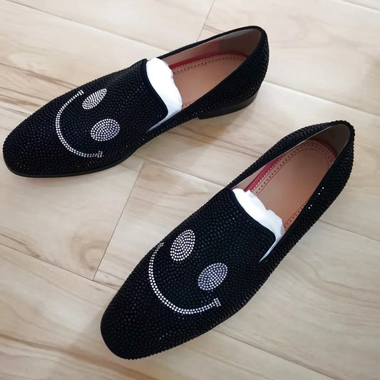 Maxy Smiling Face Rhinestone Loafers For Man Handmade Suede Men Shoes Slip On Mens Dress Shoes Party And Wedding Shoes
