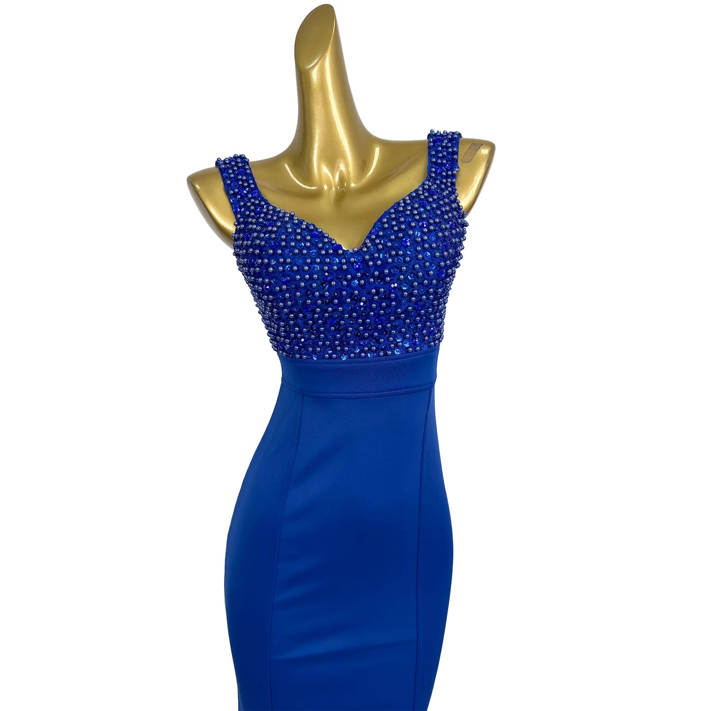Maxy Sexy Women Elegant Blue Long Dress Spandex Fishtail Gown Birthday Party Photo Shoot Wear Prom Gala Pearls Sequins Evening Dress
