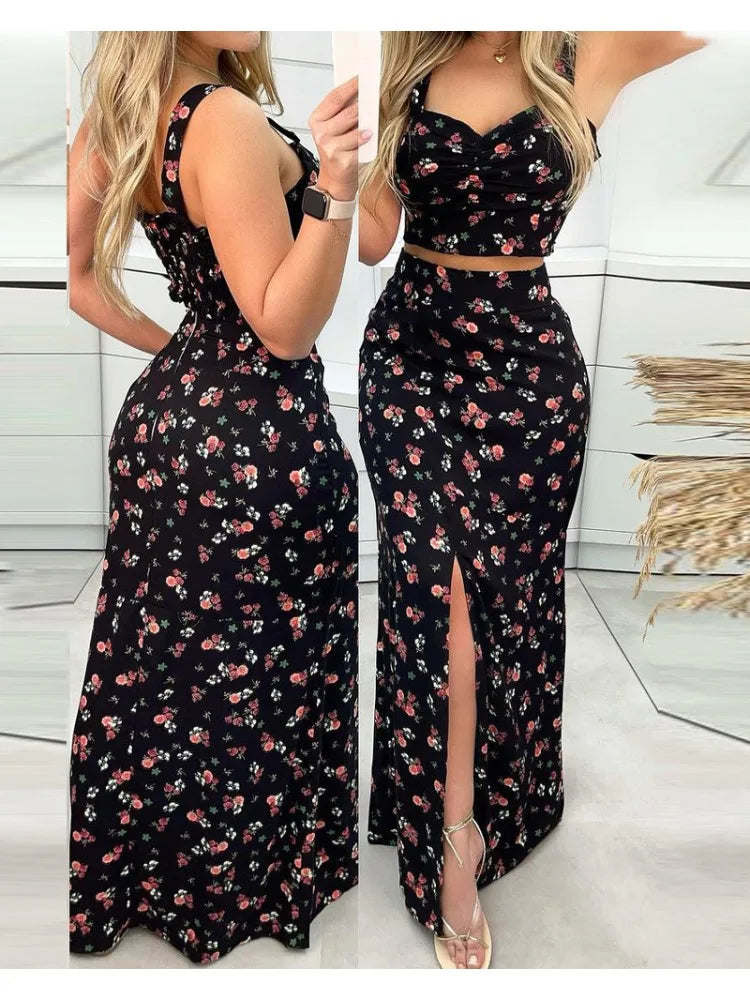 Maxy Spring Summer Floral Printed Slim 2 Piece-Set For Women Crop Top+Maxi Long Skirt Sets Ladies Outfits Split Casual Two Piece