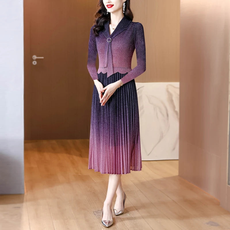 Maxy Wrinkled Autumn Starry Sky Color Matching Slimming Dress Women's High-end Versatile Ribbon Skirt Miyake Maxy Dress