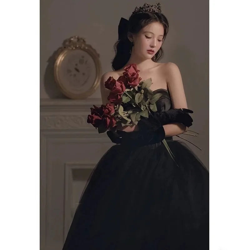 Maxy Gothic Black Tulle Prom Dresses Princess Sweetheart Satin Women Formal Evening Gowns Exposed Boning Night Party Dress Customized