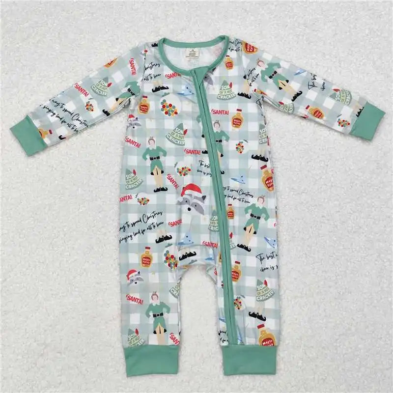 Maxy Winter Fashion Match Children Christmas Cane Green and White Plaid Long Sleeve Long Pants Pajama Set Wholesale Pajamas Romper