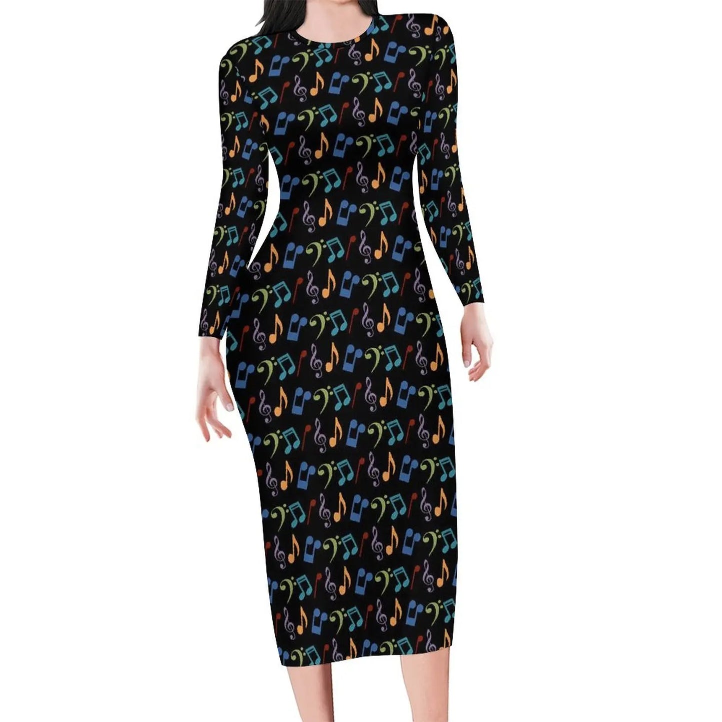 Amay Rainbow Music Notes Dress Long Sleeve Retro Print Kawaii Dresses Autumn Ladies Aesthetic Custom Bodycon Dress 3XL 4XL 5XL