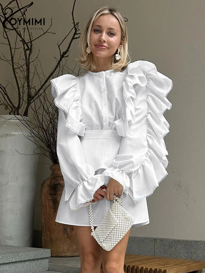 Maxy Fashion Loose White Cotton 2 Piece Sets Women Outfit Elegant Ruffle Long Sleeve Girdle Single Breasted Mini Dress Set