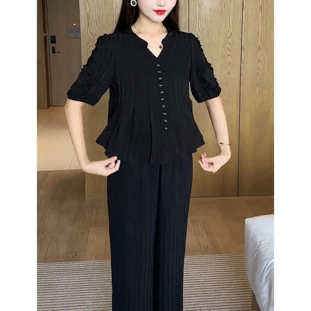 Maxy Short Sleeved Oversized Slimming Stylish Casual Summer Set Korean Version Sun Protection Suit For Women Shirt+Pant Two-Piece Set