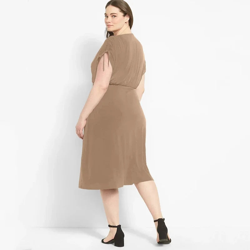 Maxy Plus Size Surplice Neck Elegant Summer Ruched Dress Women Adjustable Shoulders Elastic Waist Midi Wrap Dress Casual Party Dress