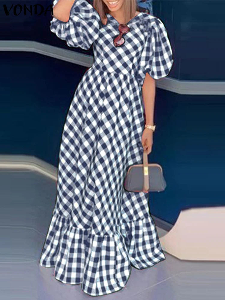 Maxy Plus Size Women Plaid Printing Dress Ruffled Summer Sundress Holiday Bohemian Puff Sleeve Vestidos Casual Party Robe