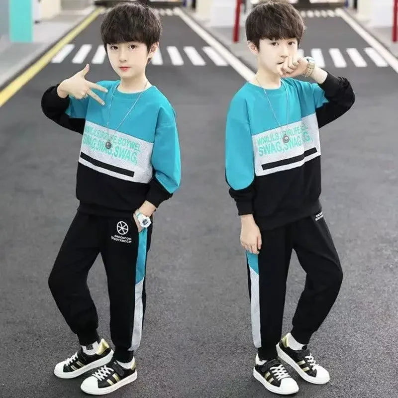 Maxy spring winter Boys Tracksuit velvet Children patchwork letters Cotton T-Shirt + Pants Suit Clothes children Set 10 12 Year