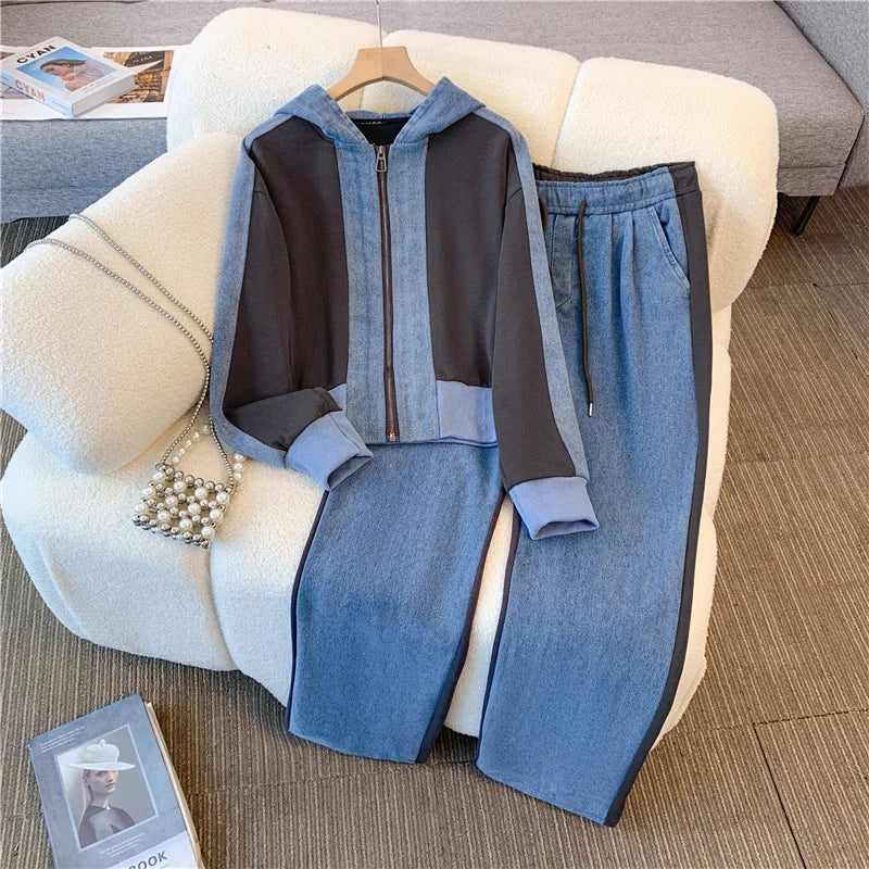 Vintage Denim Coat Pants Women 2 Piece Set Hooded Long Sleeve Single-breasted Jacket Female Suit 2024 Office Lady Commute Outfit