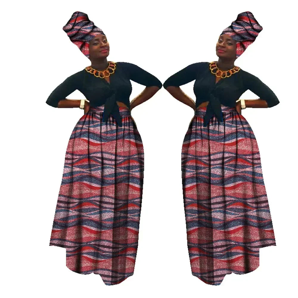 Dashiki African High Waist Ball Grown Skirt Bazin Riche African Skirt and African Headscarf 2 Pieces Lady Maxi Long Skirt WY1270