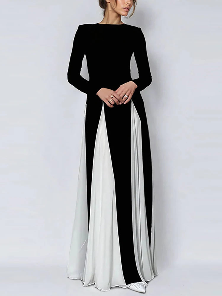 Amay Women Crew Neck Long Sleeve Maxi Dress New Winter Splicing Party Dress Elegant Lady Contract Color Full Length Club Dress