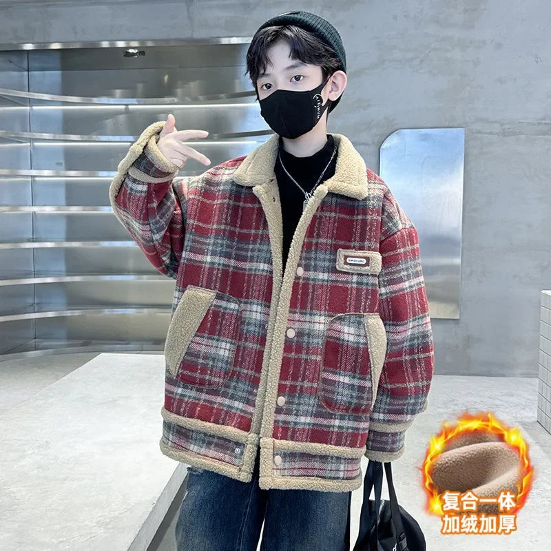 Amay Boys Woolen Coats Jackets Plus Thicken Vintage Warm Velvet Winter Autumn Cotton Tracksuit Sport Children's Clothing