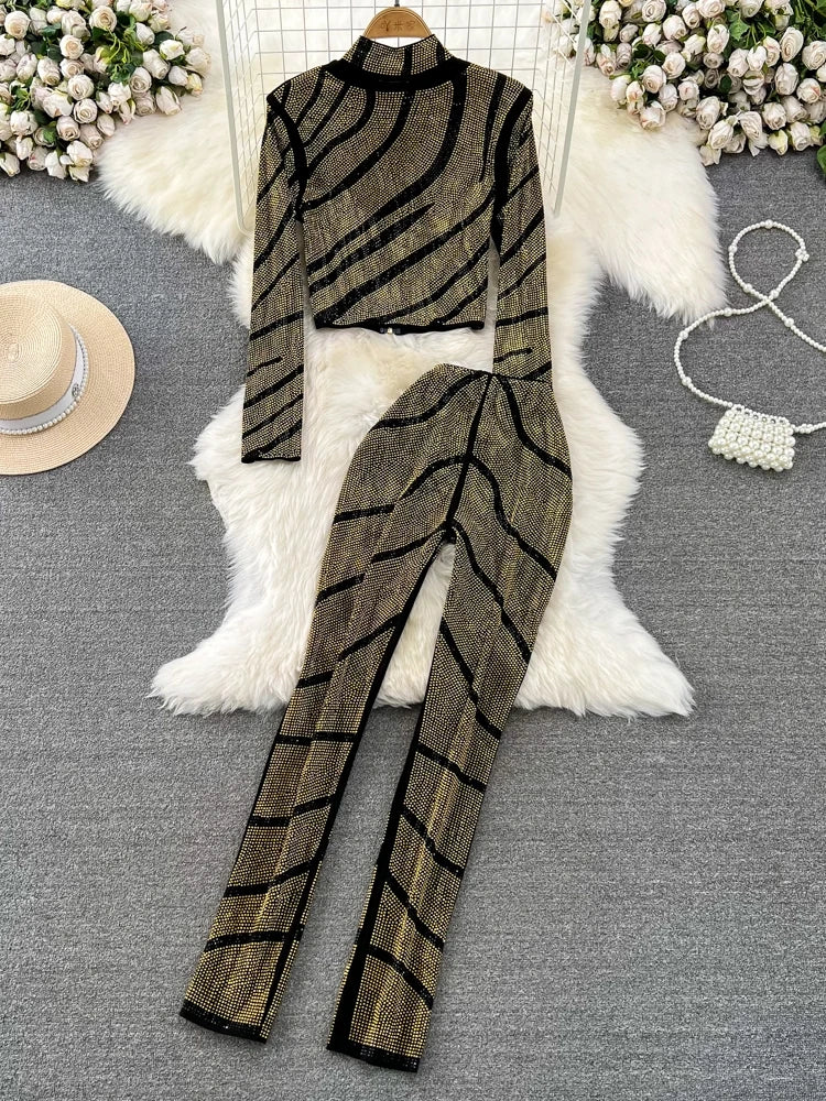 Maxy Spring Autumn Women Diamonds Striped Two Piece Set Gold/Silver/Black Stand Collar Long Sleeve Short Tops + Pants Suit 2Pcs New