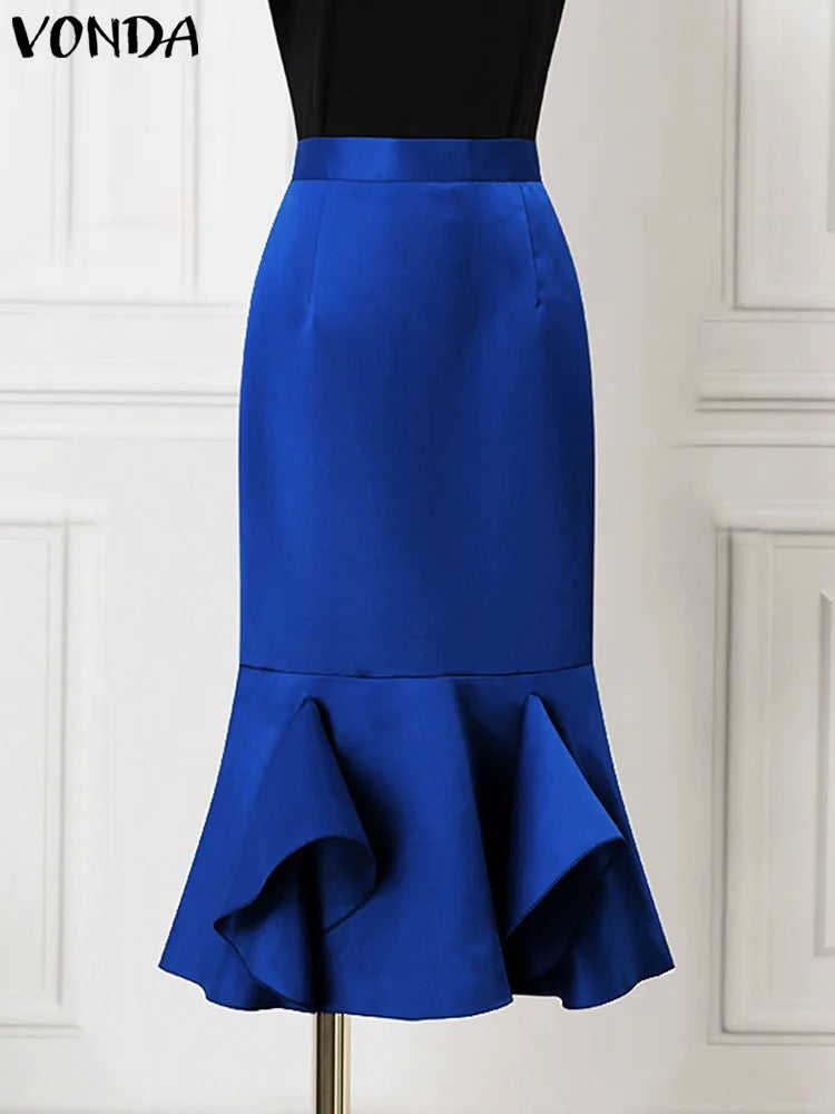 Maxy Plus Size 5XL Autumn Bohemian Fishtail Skirt Women Ruffled Midi Skirts High Waist Casual Solid Color Loose Bottoms