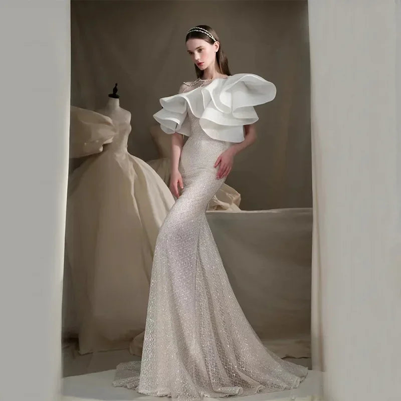 Maxy Elegant White Bridal Toasting Dress Stand Collar Puff Sleeve Mermaid Long Party Gown Hollow Out Backless Wedding Evening Dress