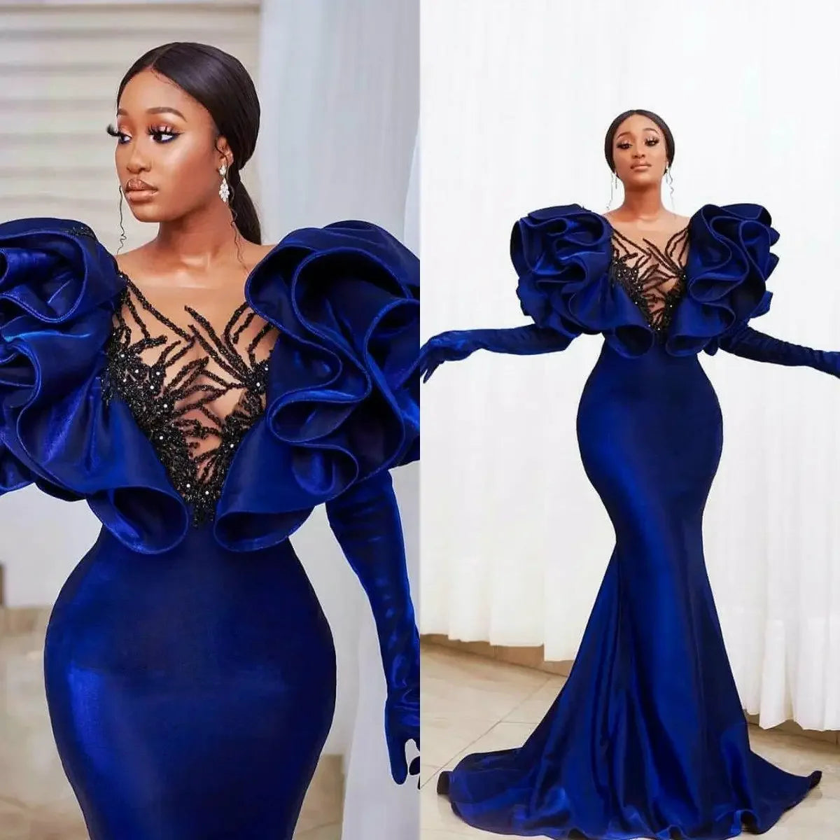 Amay Modest Velvet Mermaid Prom Dresses Plus Size Ruffles Capped Sleeve Elegant Formal Evening Gowns