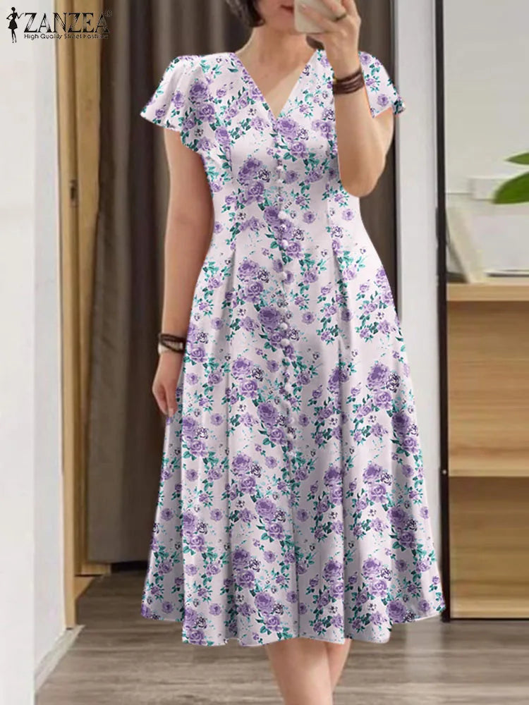 Amay Elegant Floral Dress ZANZEA Women Summer Short Sleeve Party Sundress Robe Femme Causal Holiday Vestidos Bohemain Printed Dresses