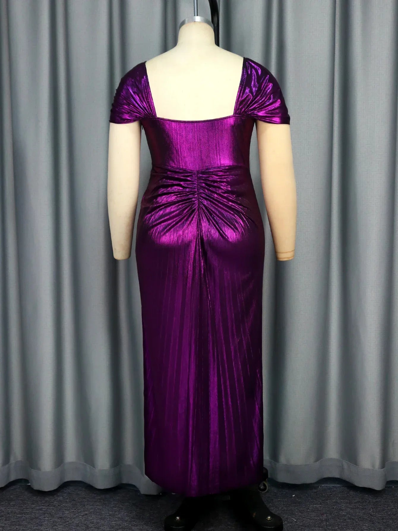 Women Luxury Purple Shiny Long Evening Party Dress Square Collar Short Sleeve High Slit Slim Fit Celebrate Birthday Banquet Gown