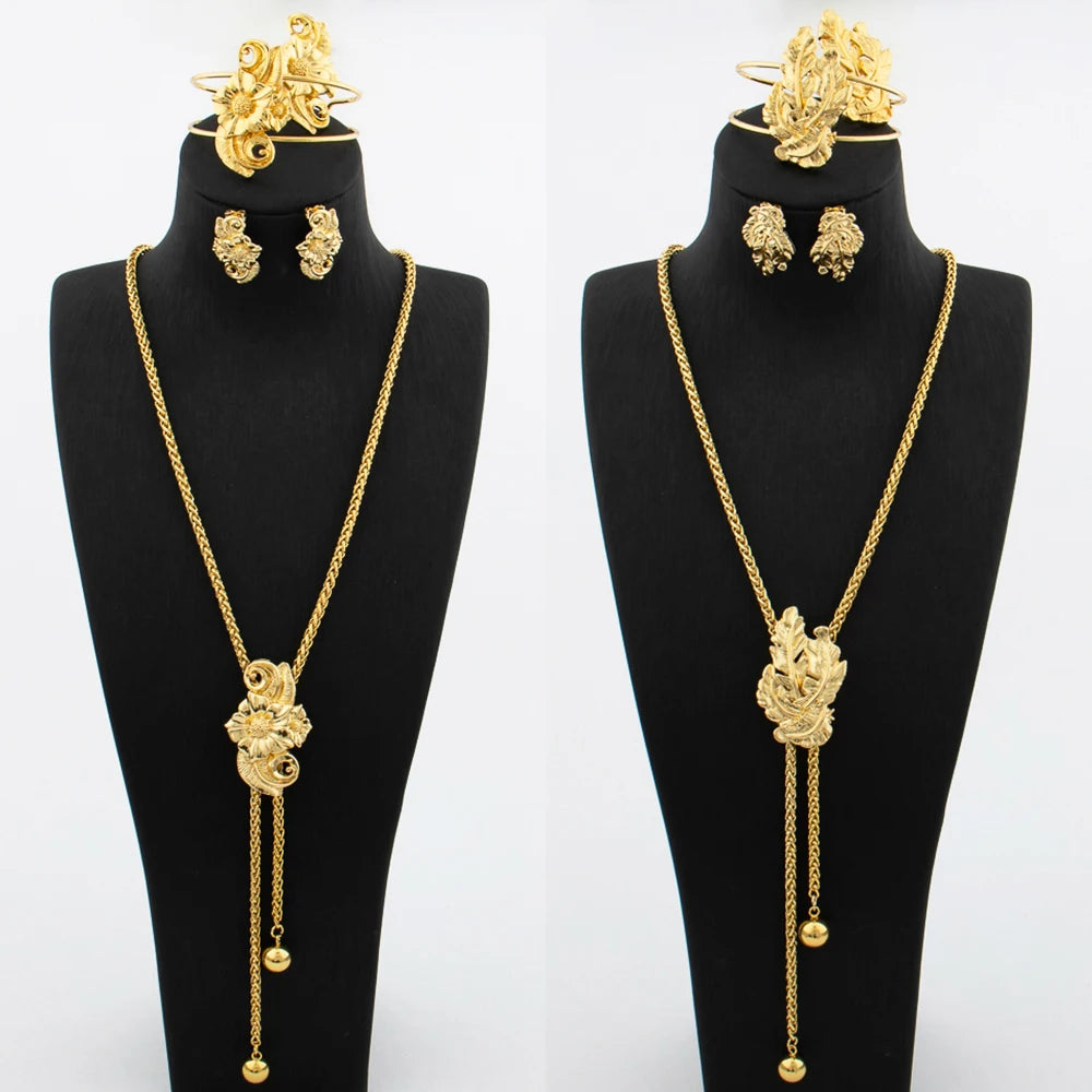 Maxy Gold Plated Jewelry Set for Women Adjustable Necklace Flower Shape Copper Earring Bracelet Rings Wedding Jewellery