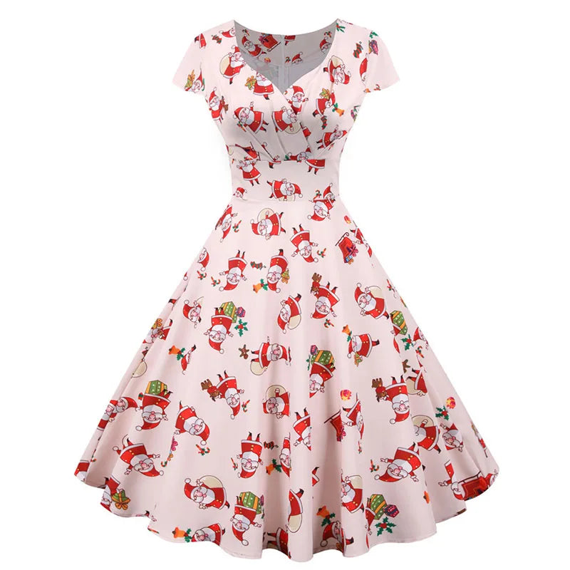Women Christmas Party Dress  Short Sleeve V Neck Elegant Vintage Print Xmas New Year Prom Sundress  3XL Robe