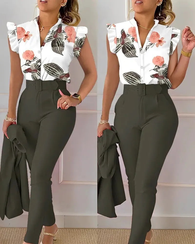 Maxy Elegant Women Two Piece Set Suits New Fashion Printed Ruffle Sleeve Top Solid Color Pants Set With Belt  Blouses Female Clothing