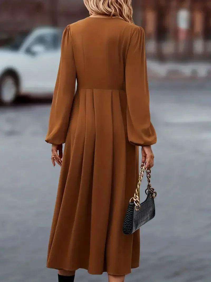 Amay Summer Plus Size Women's Maxy Dress Elegant Solid Color Front Button Lantern Sleeve Pleated V-Neck Sexy Gown for Ladies