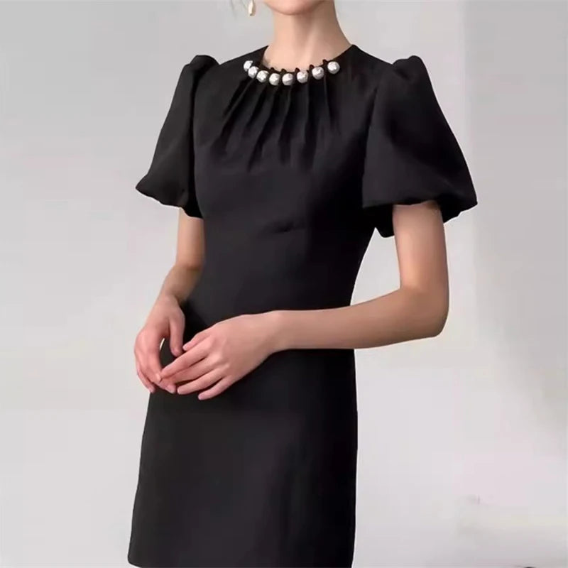 Summer New Arrival Fashion 2024 Women’s O-neck Short Sleeve Pleated Pearls Beading Elegant Black Mini Slim Dresses