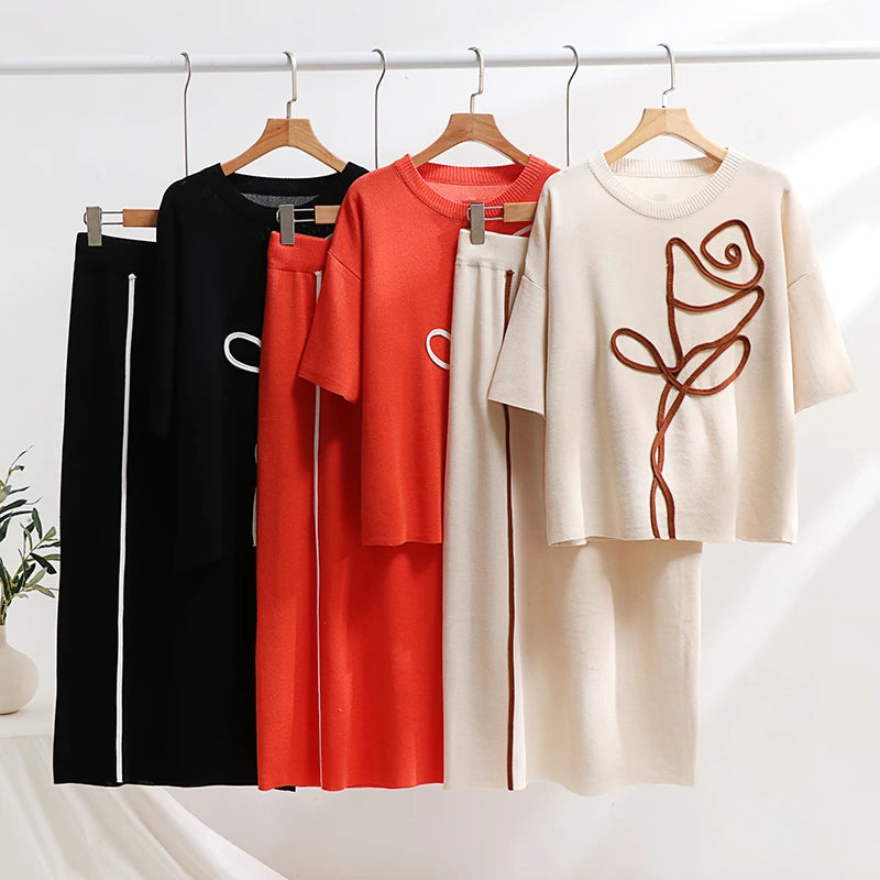 Maxy Casual Spring Summer Knitted Two Piece Women Sets Loungewear Knit Skirt 2 Piece Set Floral Short Sleeve Knitted Dress Sets Women