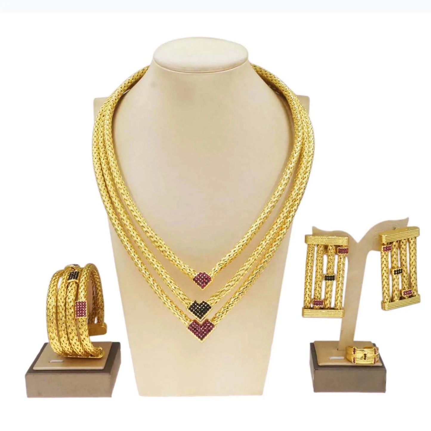 Amay new unique design jewelry set Italian gold plated three-layer copper ring advanced bride wedding necklac