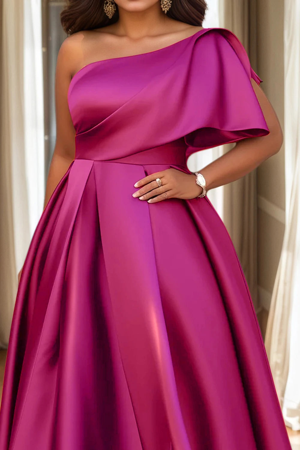Maxy Plus Size Women's Evening Dress One Sleeve Pleated A-Line Elegant Wedding Guest Cocktail Maxy Dresses Off Shoulder Formal Dress