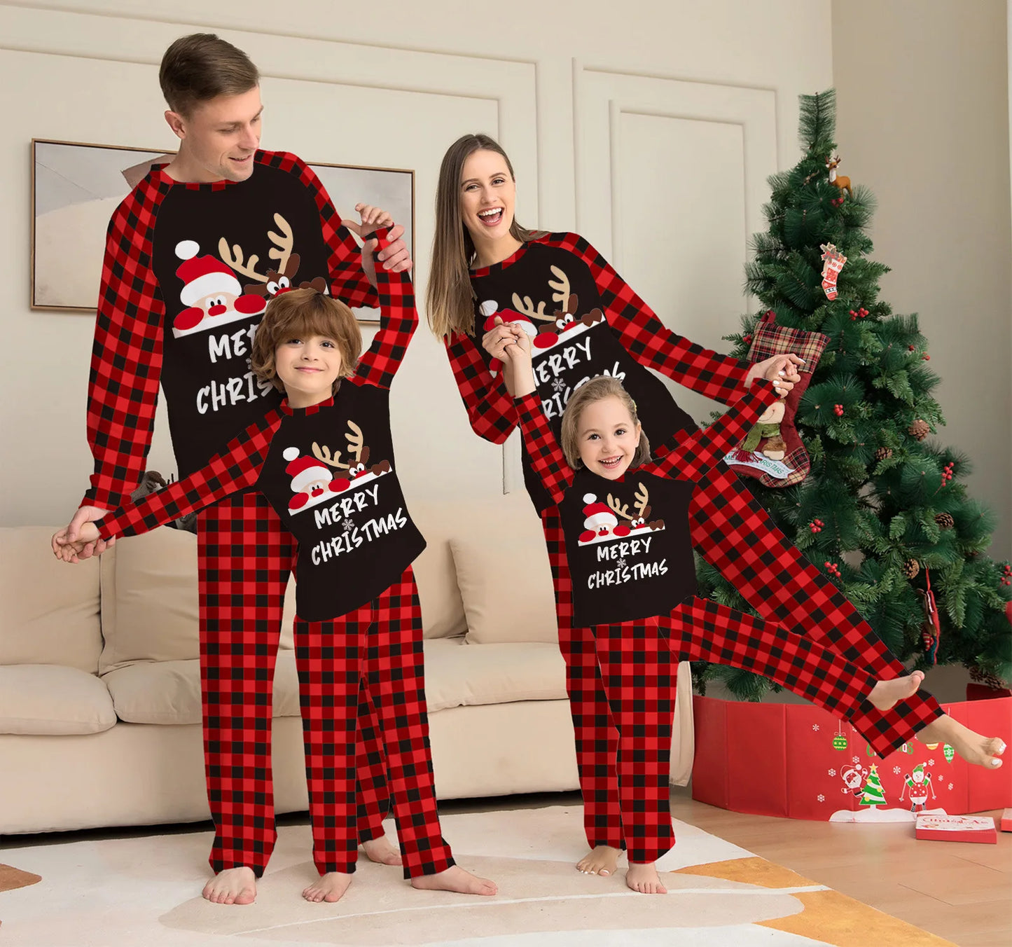 Maxy Warm Christmas Family Pajamas Xmas Old Man Moose Cartoon Letters Printed Family Matching Outfits Holiday Baby Clothes