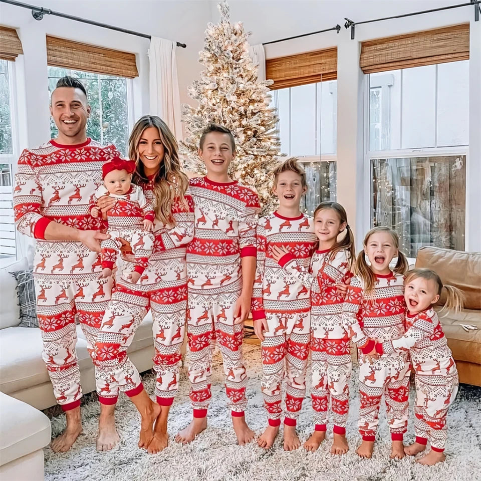 Christmas Pajamas Set Family Matching Outfits Xmas Mom Daughter Look Retro Print T Shirt + Pants Loungewear Pjs Bodysuit Pyjamas