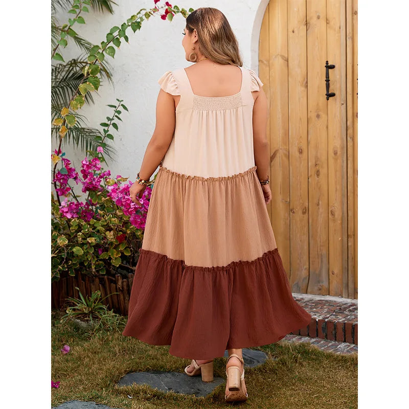 Maxy Fat Large Size Mm Spliced Color Camisole Dress Spliced Large Swing Loose Dress Party Summer Elegantes Casual Y2k