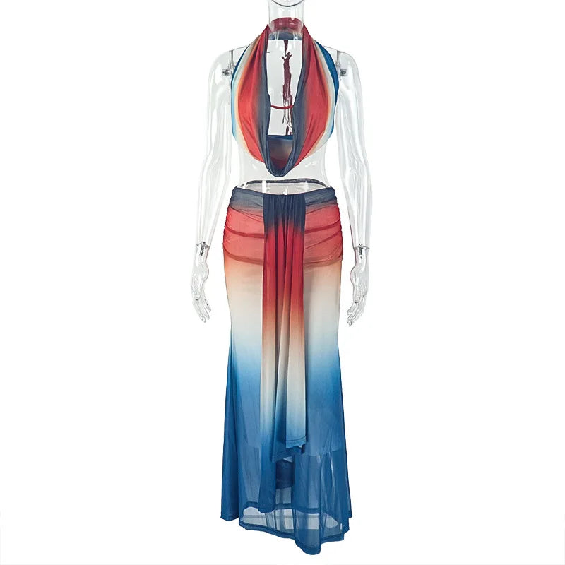 Maxy Fashion Mesh Print Women's Matching Sets Sexy Halter Top and Maxi Skirt Outfits Summer Backless Slim Holiday Two Piece Set