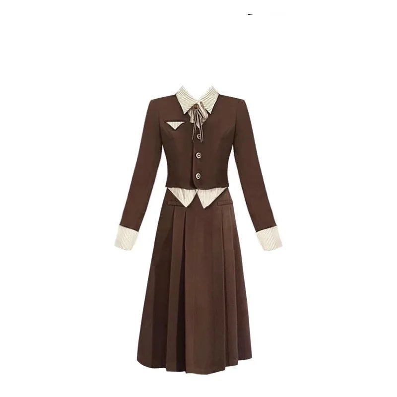 vintage women two piece sets casual single breasted short shirt jackets coats tops elegant high waist loose long skirt conjunto