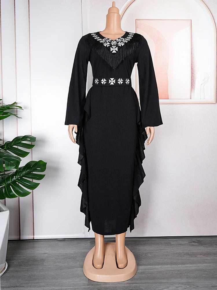 Autumn Maxy Luxury Diamond V Neck With Tassle For Women Evening Party Dress Flare Sleeve Elegant Chic Ruffles Formal Occasion Gownss
