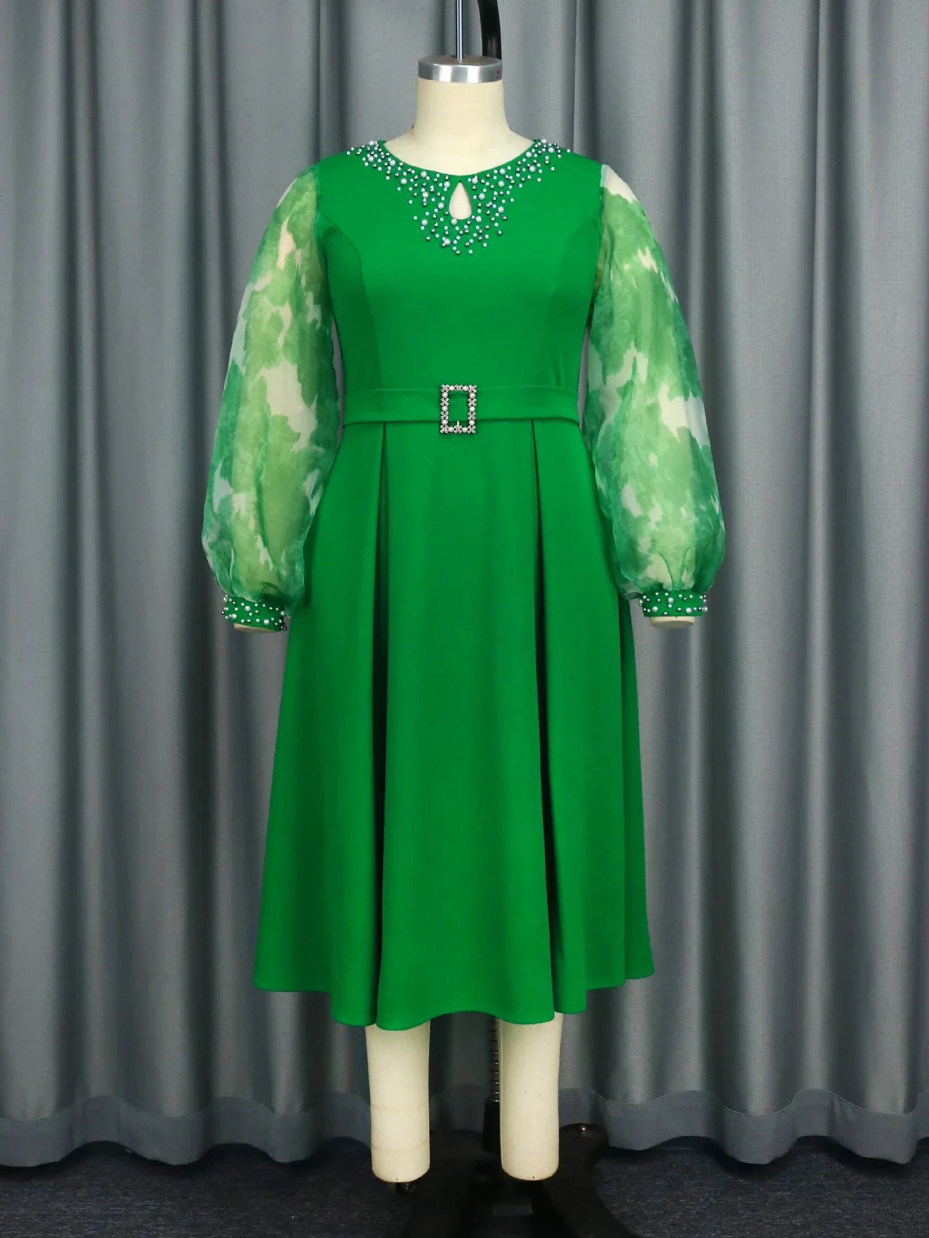 Macy Green Elegant A-Line Dress For Women O Neck Beading Printed Long Puff Sleeve High Waist Formal Church Event Gowns Plus Size 4XL