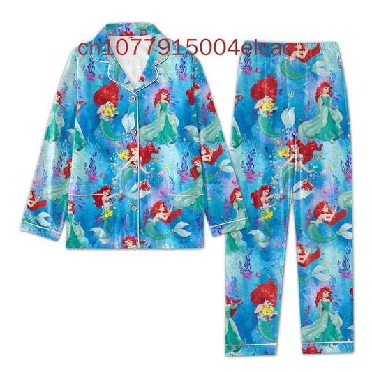 The Little Mermaid Christmas Pajamas Set Disney Princess Ariel Casual Y2K Men's and Women's Long sleeved Shirts Pajamas Set