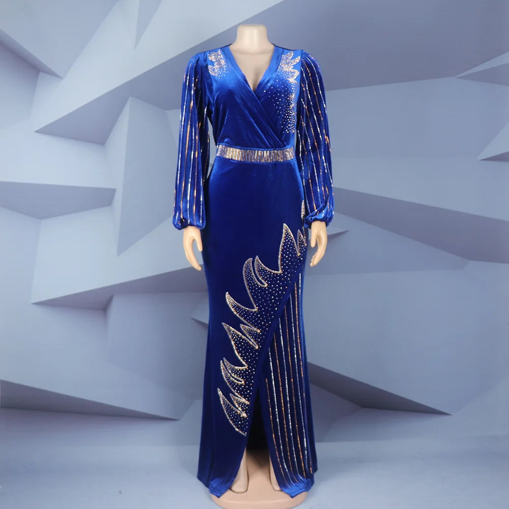 Plus Size African Women Velvet Diamonds Bodycon Marmaid Dress Dubai Kaftan Muslim Dresses Africa Ankara Dashiki Party Gown Robe