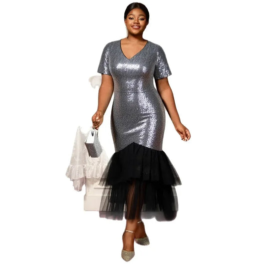 Maxy L-4XL Dresses for Women Sequin Autumn Short Sleeve V-neck Silver Party Evening Long Dress Muslim Abaya