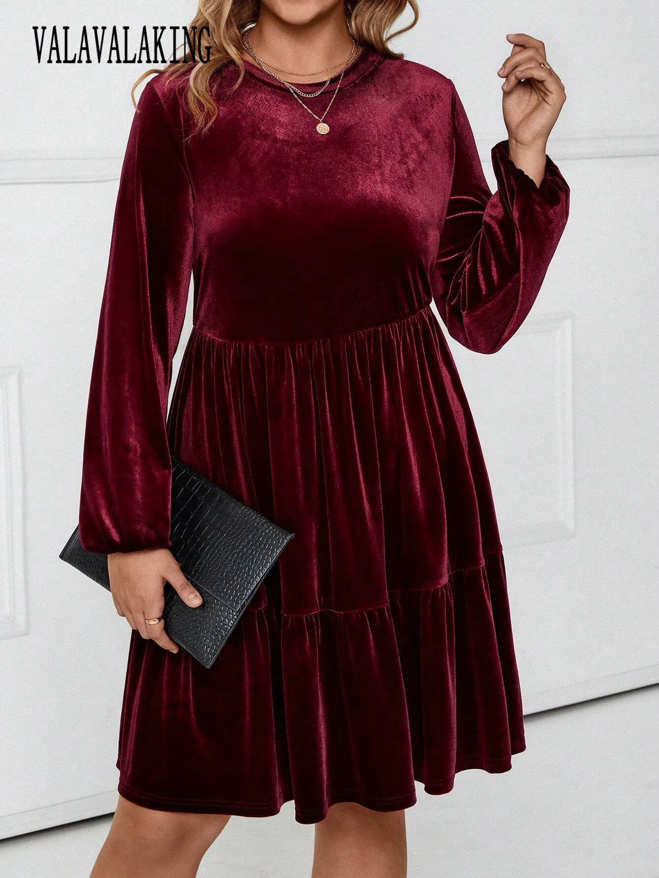 Maxy Winter Wine Red Velvet Plus Size Dress Women O-Neck Long Sleeve Mini Dress Ladies Elegant Pleated Short Evening Party Dress