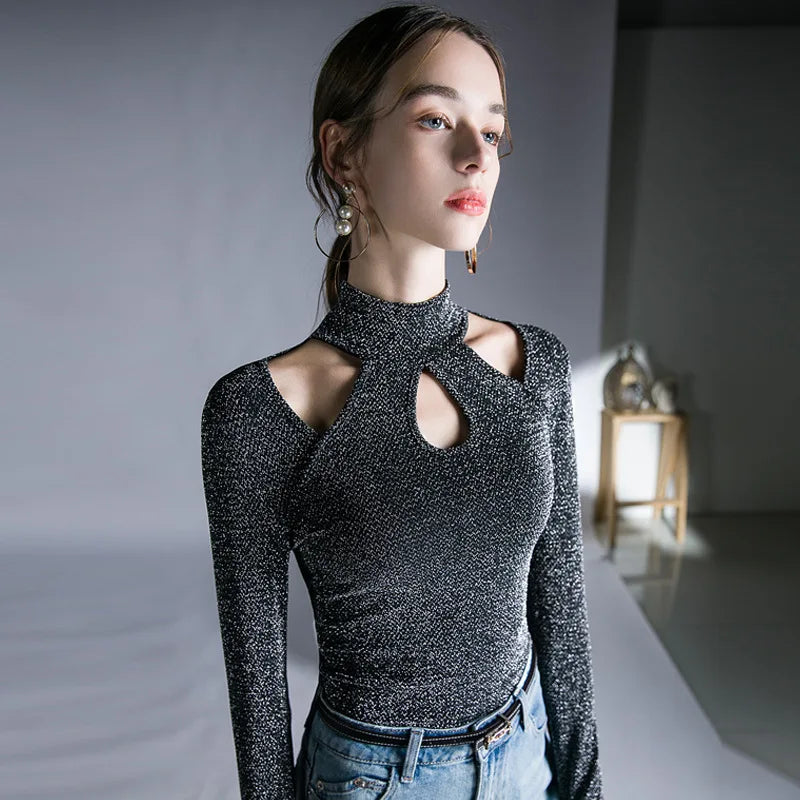 Amay Spring Autumn Long Sleeve Shinning T Shirts Women Hollow Out Stand Collar Tee Shirt Lady High Stretch Slim Top